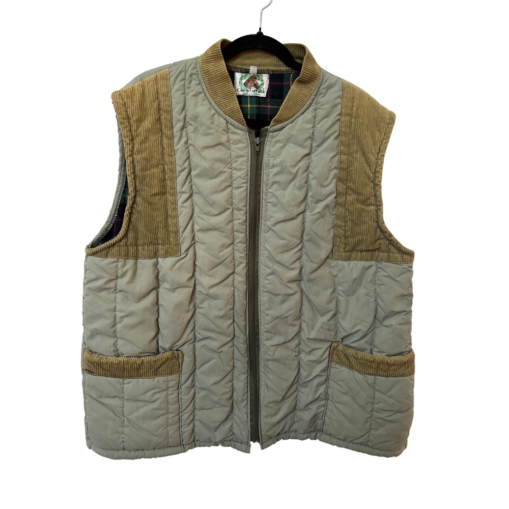Vintage Country Folk Mens XXL Quilted Vest Sage Green Corduroy Trim Made England